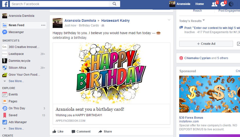 Free birthday card for Facebook users